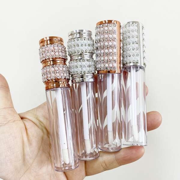 New arrival luxury 5ml double pearl diamond veneer lip gloss packaging empty round unique lipgloss tubes